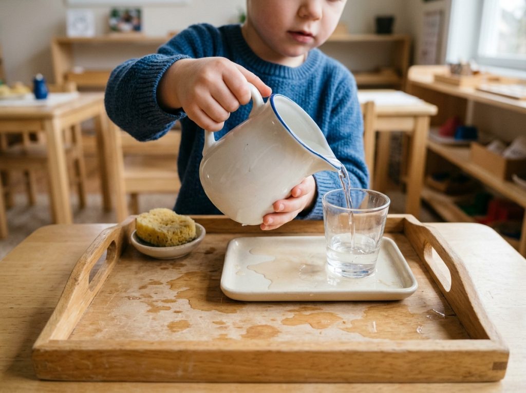 child practicing pouring water as a montessori practical life activity to build focus, fine motor control, and independent problem-solving