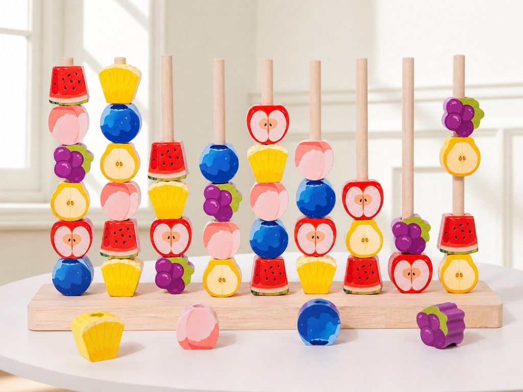 Close-up of four-year-old hands sorting and stacking wooden fruit pieces on vertical pegs