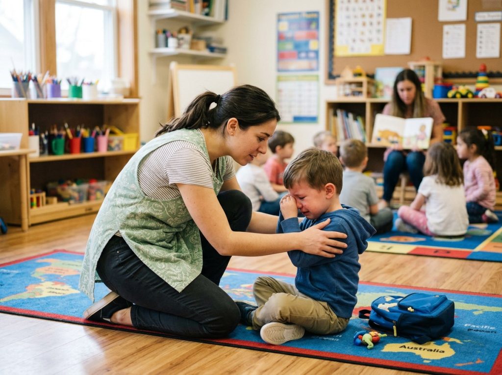 Teacher helping a preschooler with self-regulation during a circle time transition