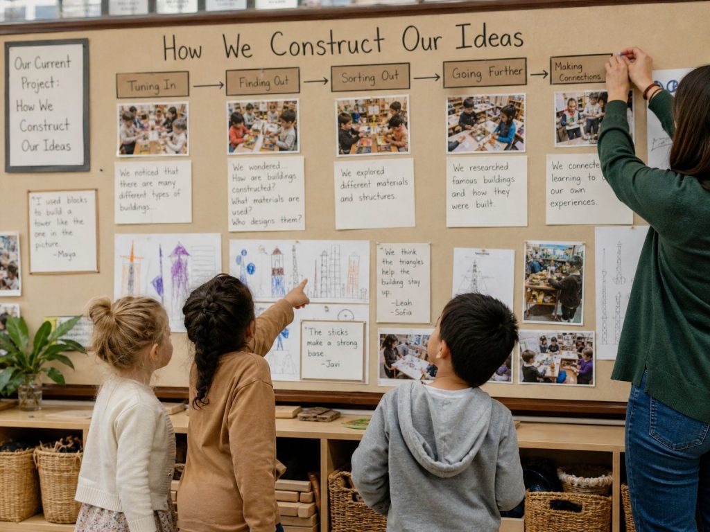 Teacher documenting children's collaborative work with Reggio Emilia toys on classroom display wall