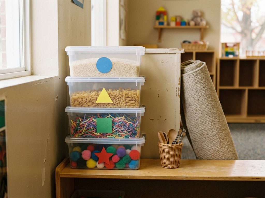 Labeled sensory bins for toddlers stacked on a low classroom shelf ready for weekly rotation