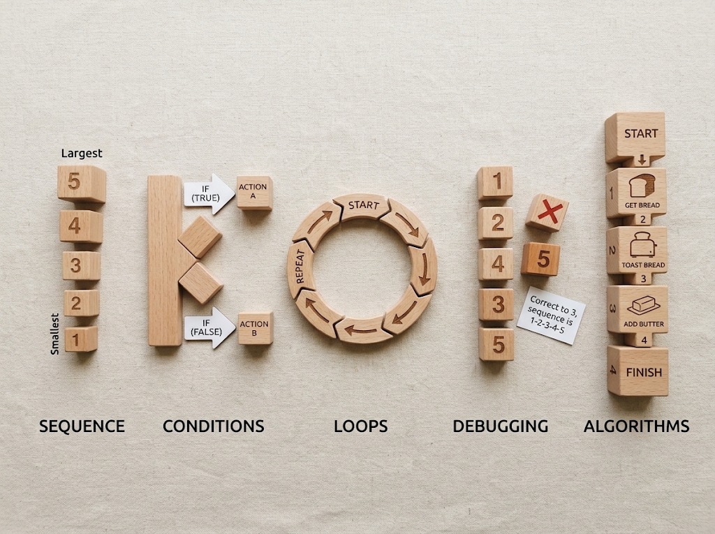 Five core computational thinking skills — sequencing, conditionals, loops, debugging, algorithmic thinking — visualized with physical wooden blocks and play cards.