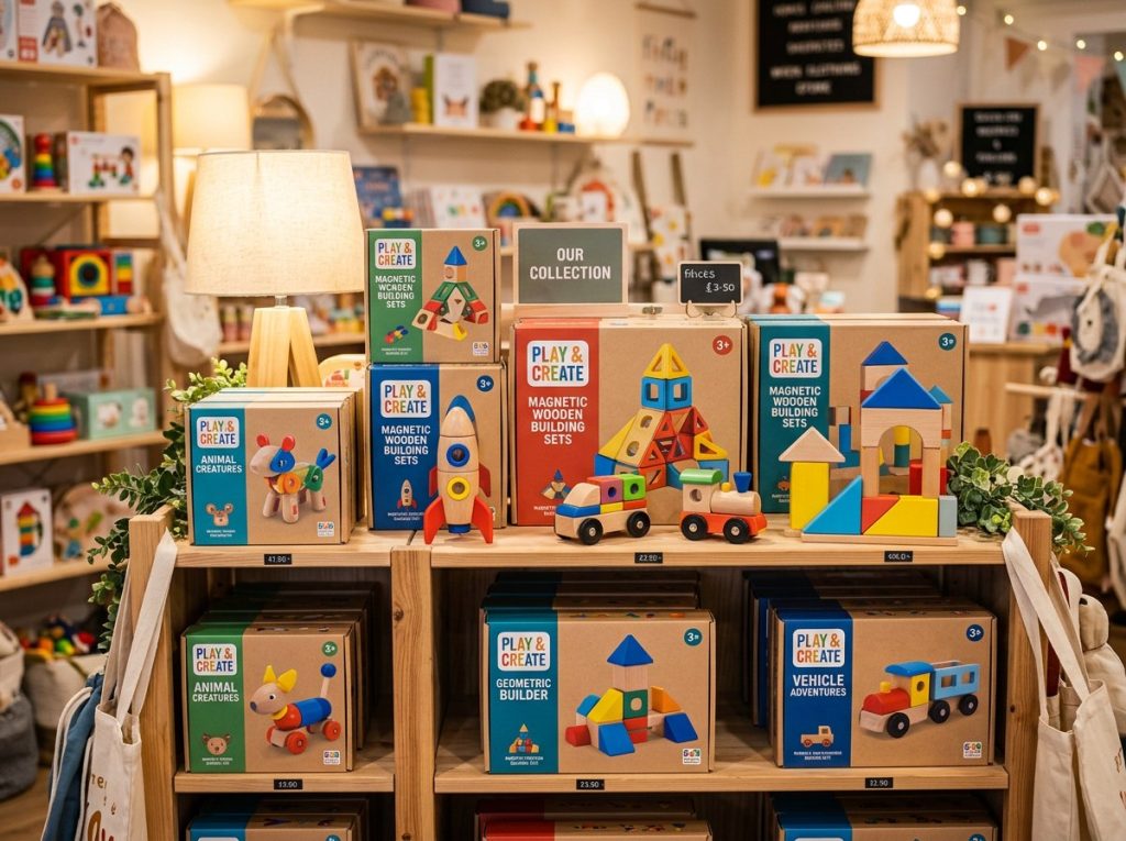 Finished private label toys collection in wood, plastic, and magnetic formats with branded packaging