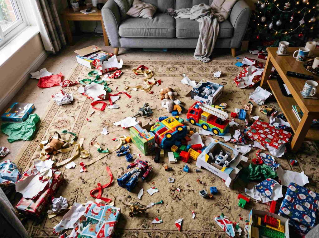 A pile of opened and forgotten plastic holiday presents scattered across a living room carpet