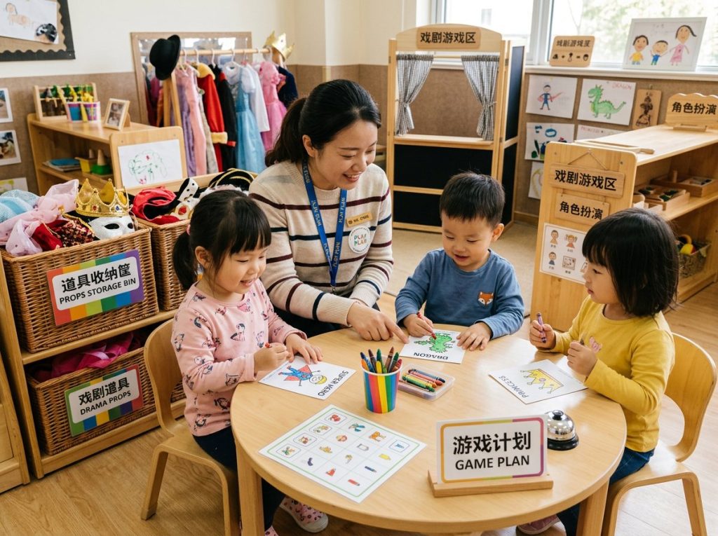 Teacher and children planning roles together in a dramatic play center