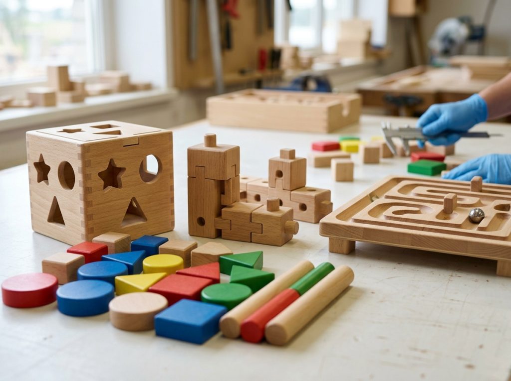 Close-up of wooden educational toys showing precise construction and durable finishes designed for classroom executive function activities