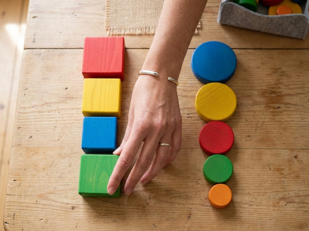Close-up of an adult hand sorting chunky wooden game pieces by color and size on a plain table