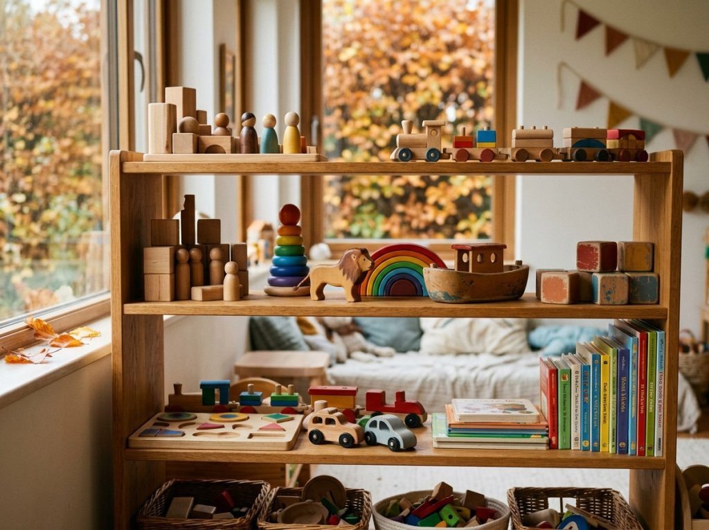 Open-ended wooden holiday gifts for kids still in active use on a tidy play shelf months later