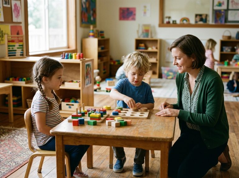 Preschool children playing a turn-taking game with wooden educational toys, building executive function skills through structured classroom play
