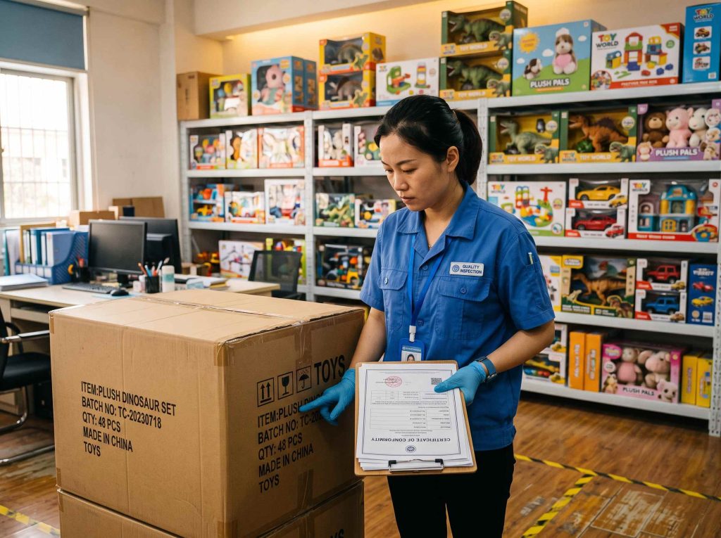 Quality staff matching batch numbers on toy cartons with certificates for importing toys from China