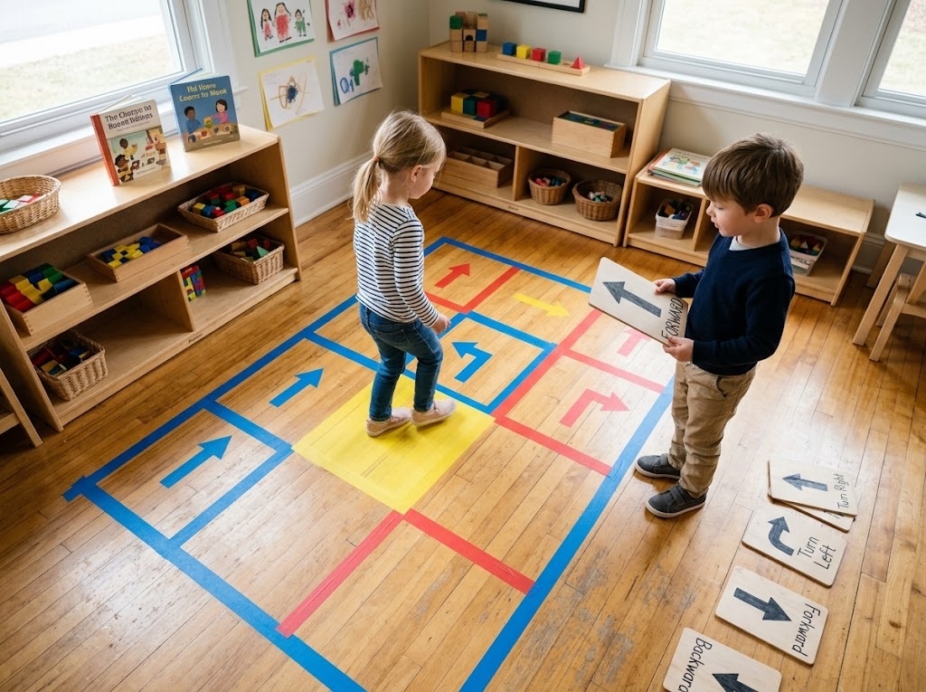 Children playing a human-robot coding game with a painter's tape floor grid in a preschool classroom, practicing sequencing and debugging with no screens.