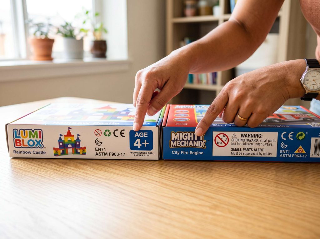 A parent comparing two toy boxes side by side while checking age labels and small parts