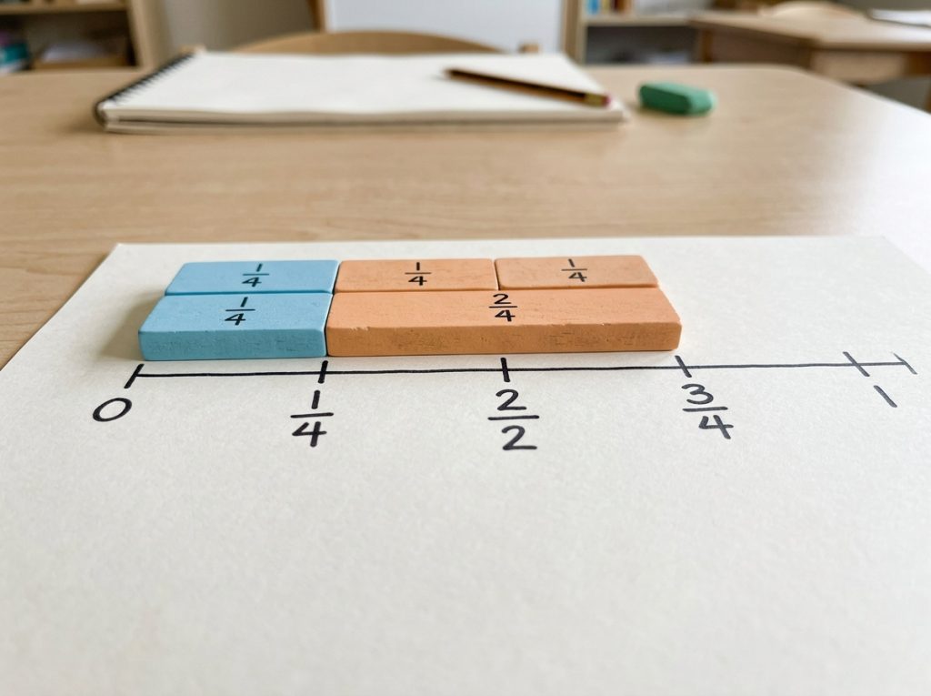 Linear number line model showing fraction addition and magnitude comparison for early math