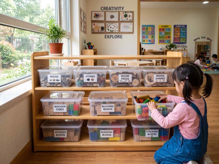 Preschool classroom shelf set up for loose parts play with sorted trays of stones, blocks and natural materials