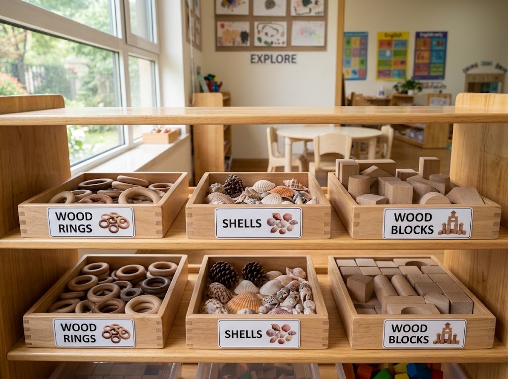 Labeled open trays sorting loose parts materials by type on child-height classroom shelving