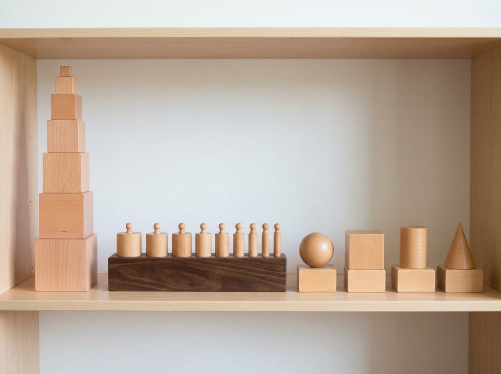 Montessori sensorial materials including pink tower, knobbed cylinders, and geometric solids for structured learning
