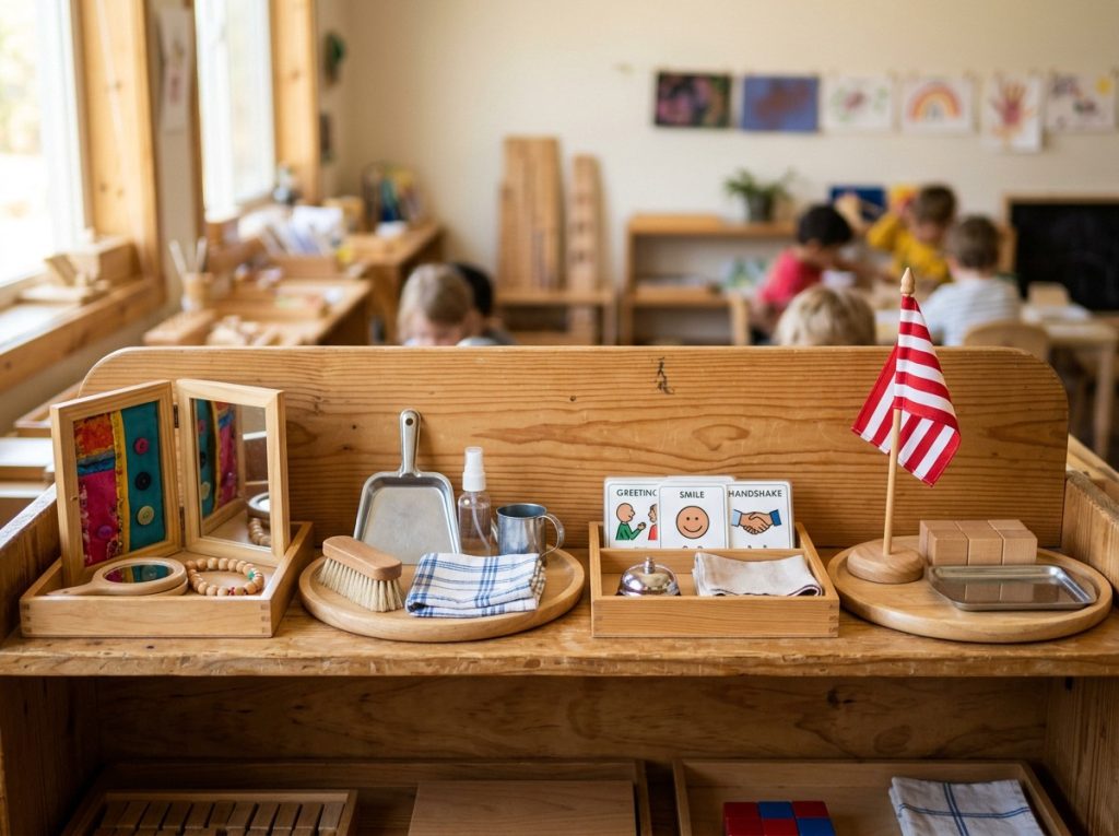 organized montessori practical life activities grouped by care of self, care of environment, grace and courtesy, and control of movement