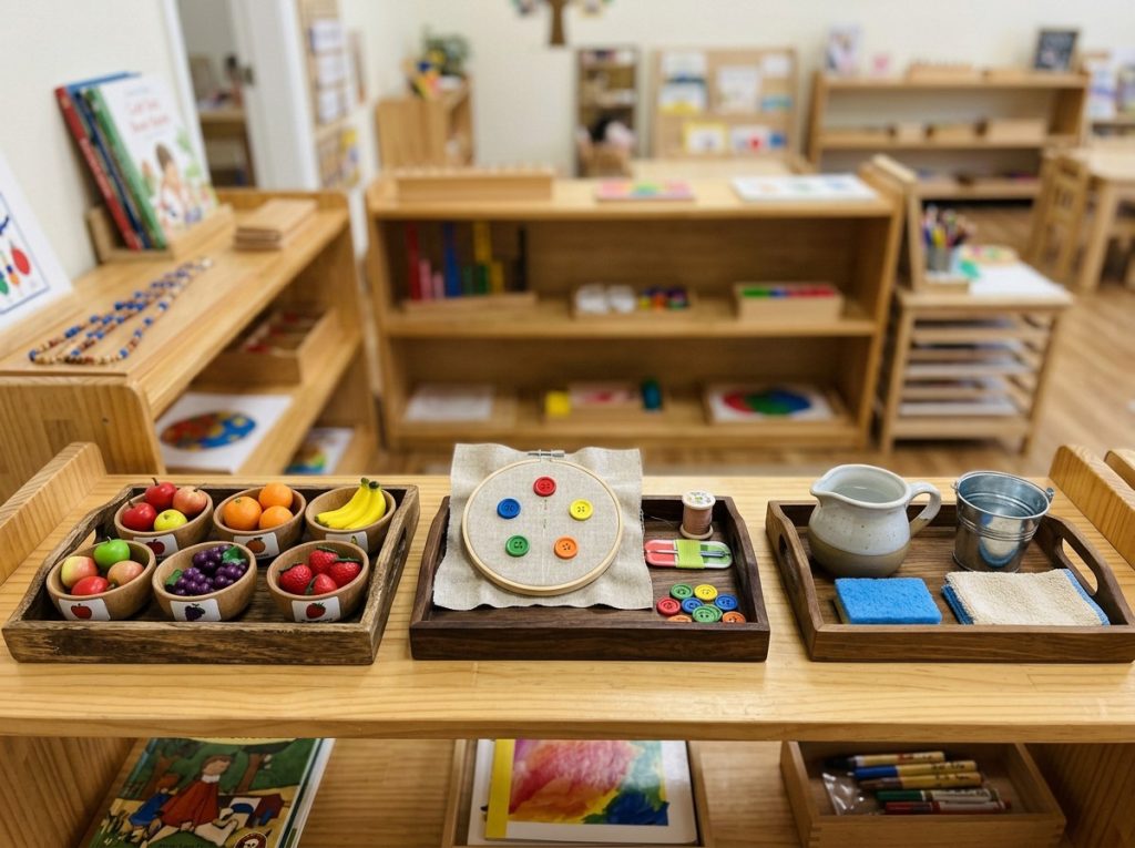 one skill per tray practical life setup, with separate montessori trays for sorting, buttoning, and pouring on a low classroom shelf