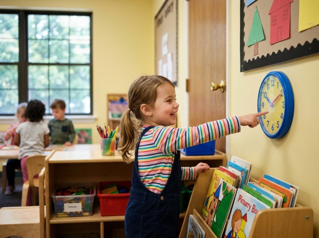 Preschool child identifying shapes in real-world classroom environment during shape recognition activity