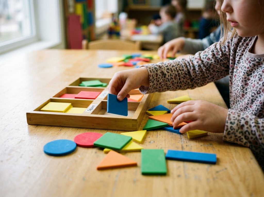 Young children sorting geometric shapes by properties during preschool math activity teaching shape recognition
