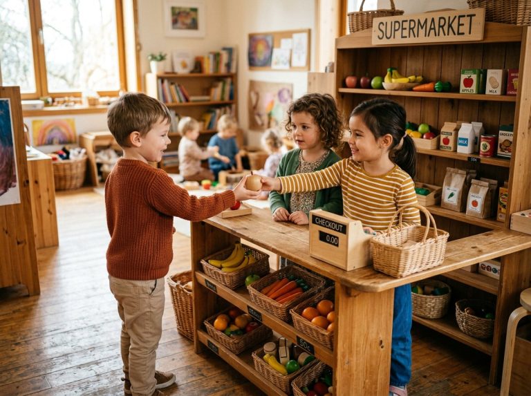 Preschoolers playing shop with wooden pretend play toys in a dramatic play center
