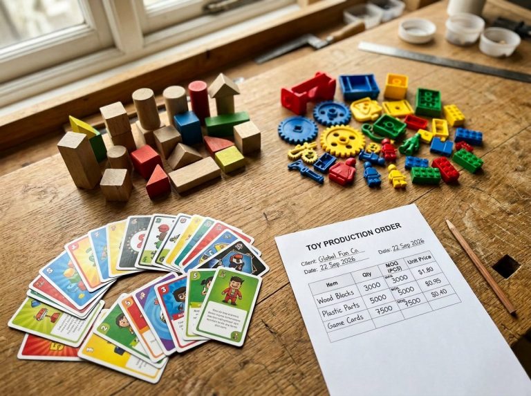 Private label toys in wood, plastic, and print arranged for an MOQ planning review