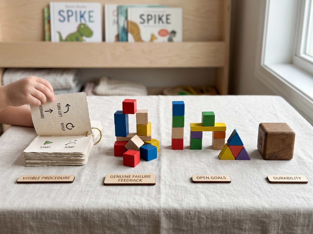 Four criteria for evaluating screen-free coding toys: visible program, honest failure loop, open-ended goals, group-ready durability, demonstrated with simple physical objects.