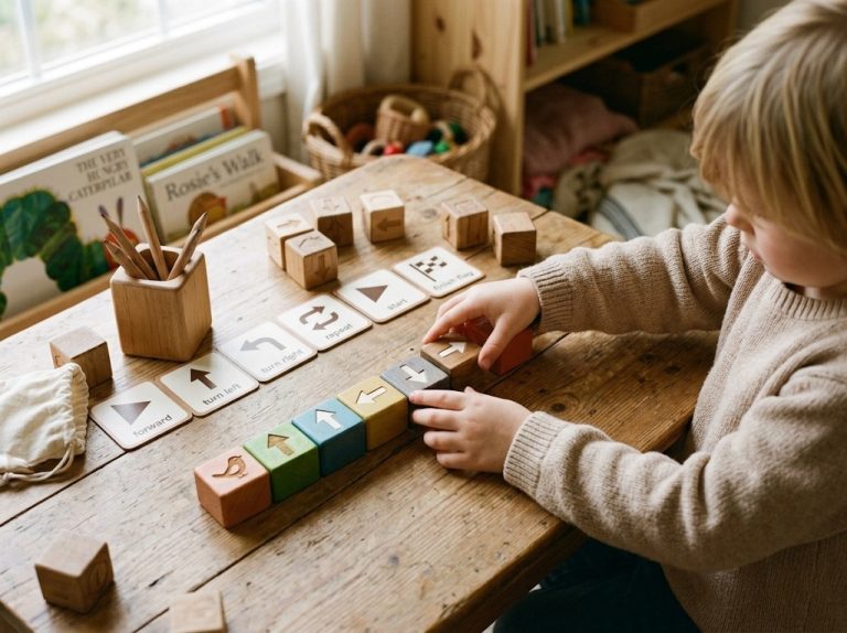 Preschool child arranging wooden coding blocks and direction cards on a table, no screen visible, practicing sequencing through hands-on play.