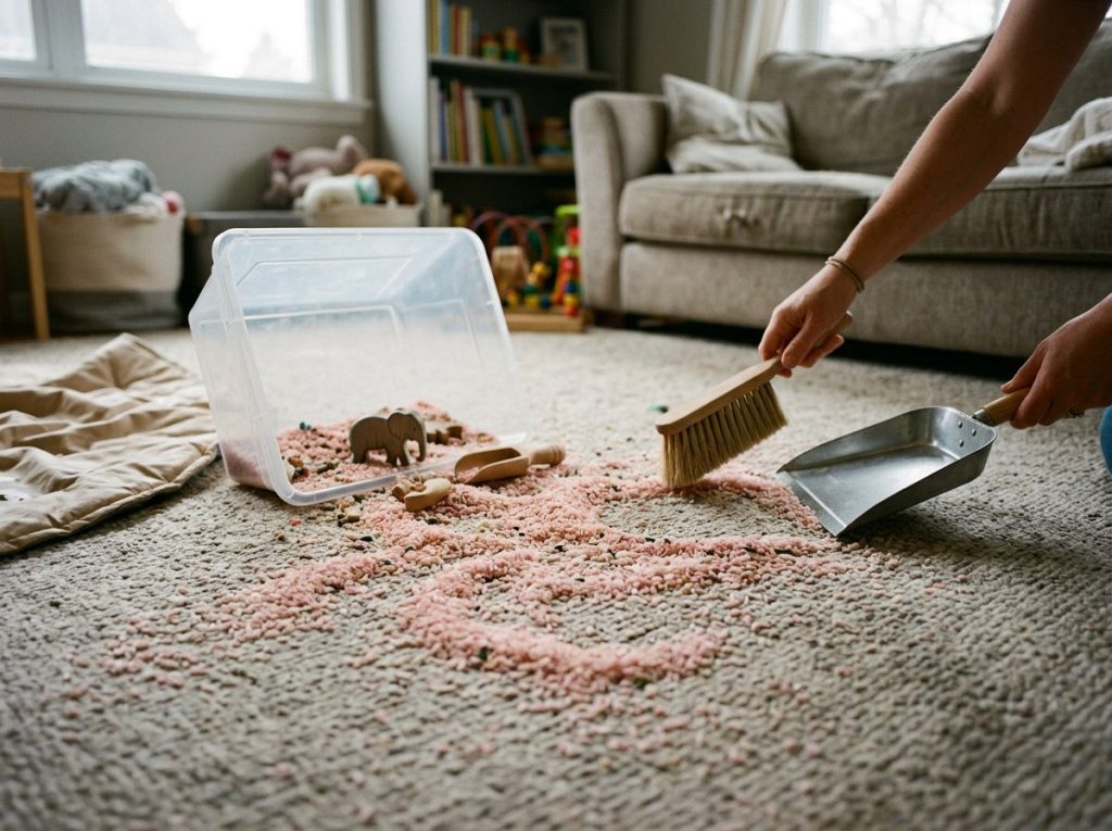 Dyed rice spilled across a living room carpet beside an abandoned sensory bin and wooden animals