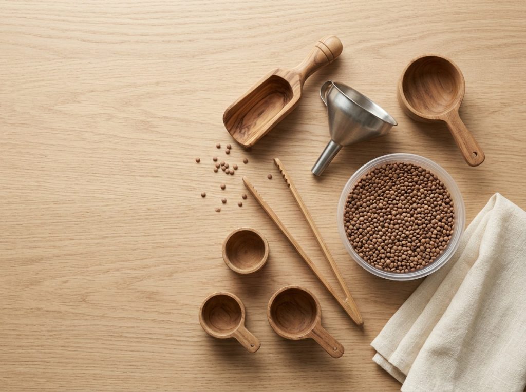 Wooden scoops tongs and measuring cups arranged beside a shallow tub of dry lentils