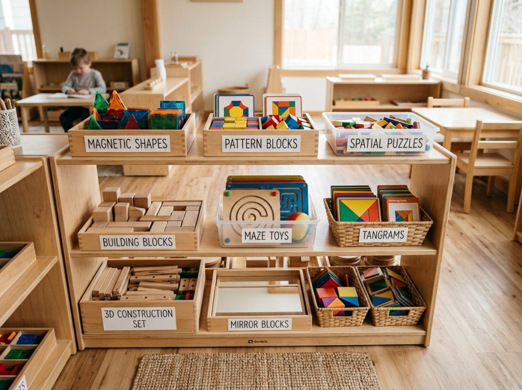 Montessori-style spatial reasoning toys arranged on classroom shelves including pattern blocks, construction sets, and maze toys