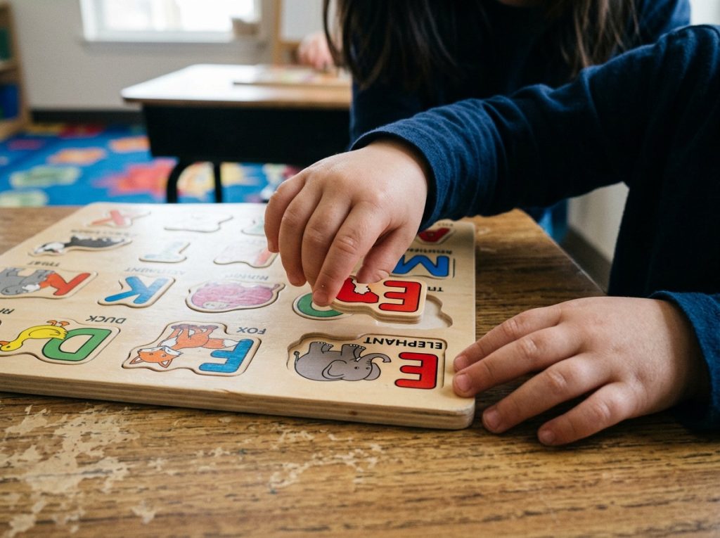 Child struggling to fit puzzle pieces in correct orientation, showing underdeveloped mental rotation skills during classroom activity