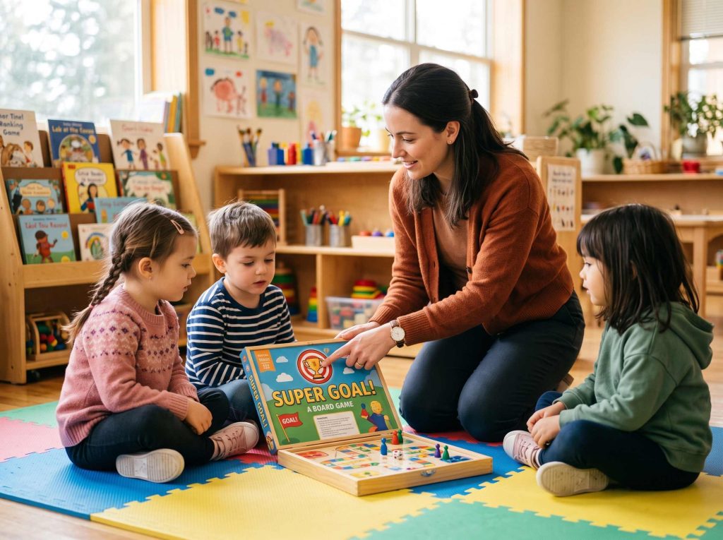 Teacher kneeling beside children naming a shared goal before a cooperative board game starts