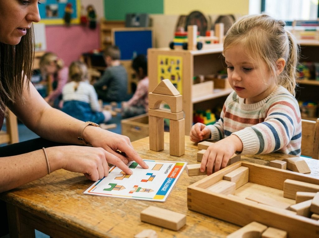 Teacher guiding preschoolers through model-replication block building, scaffolding executive function development with verbal narration during play