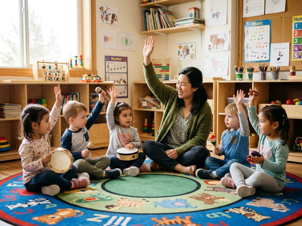 Teacher leading a stop-and-start drumming circle with toddlers seated on a classroom rug