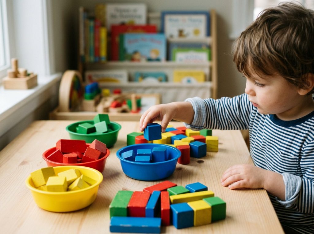 Young child sorting colored blocks by color during hands-on learning activity teaching color recognition