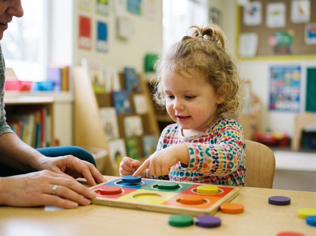 Toddler successfully identifying and matching colors during play-based color recognition assessment activity