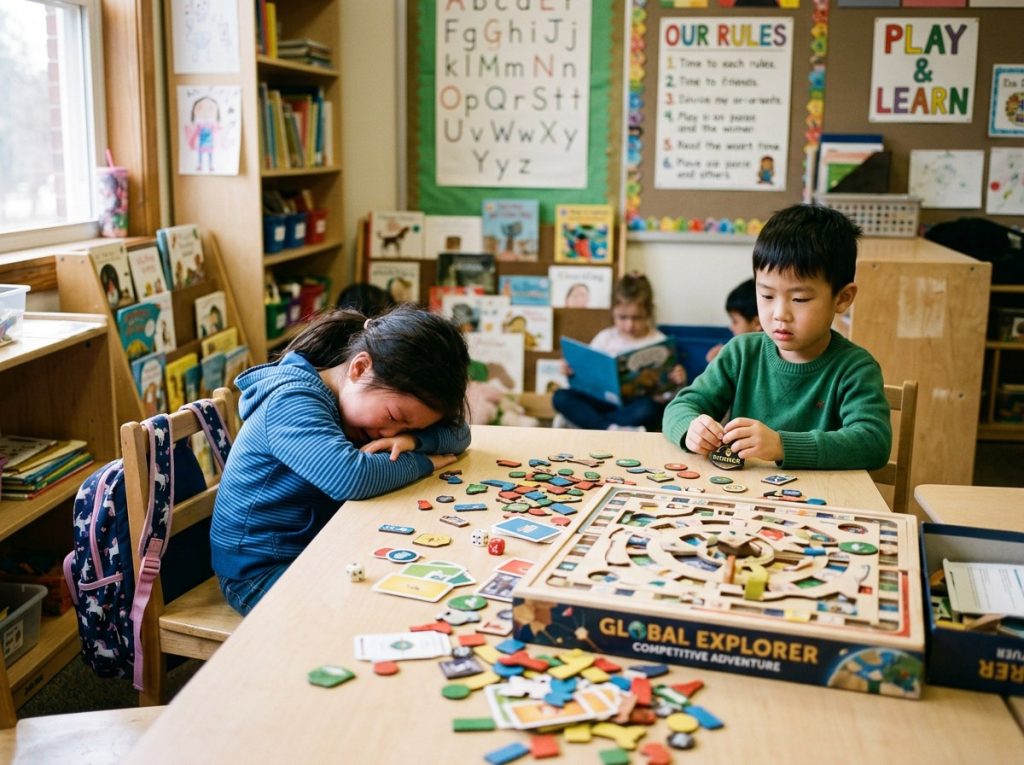 Toddler crying at a classroom table after losing a competitive board game to classmates