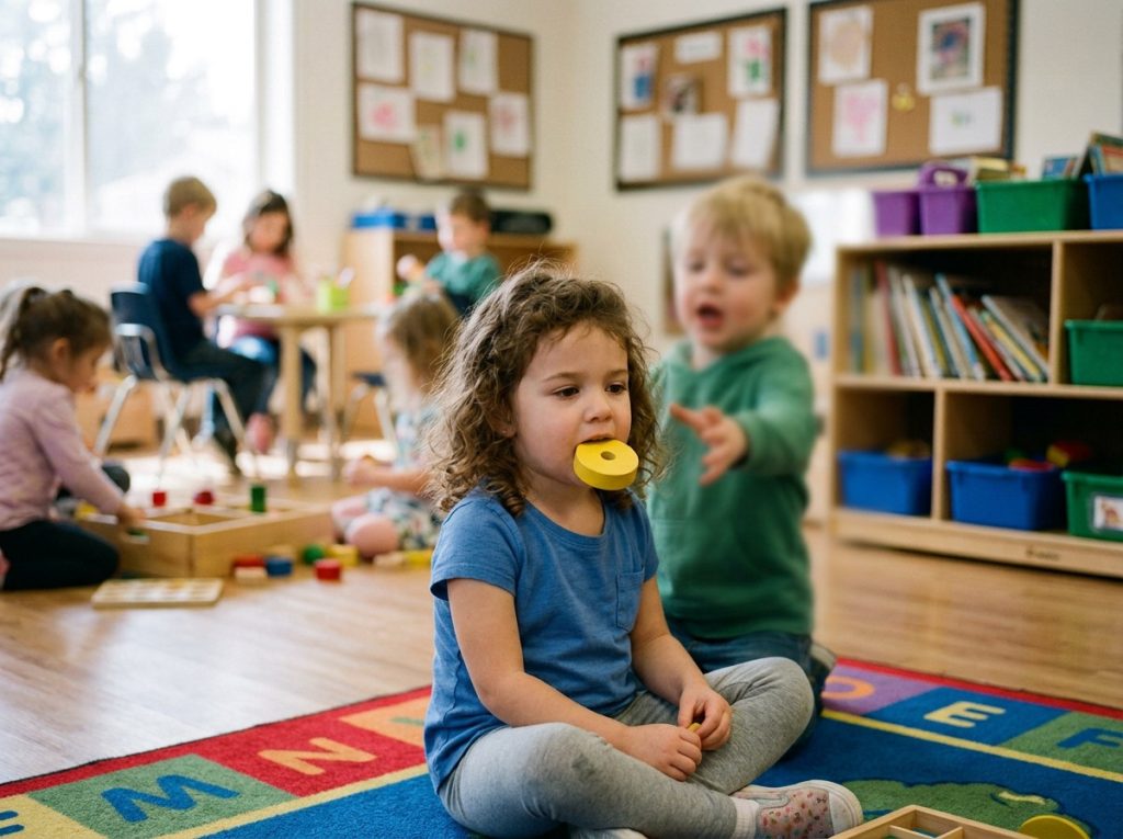 Toddler mouthing a shared classroom toy while other children reach for it