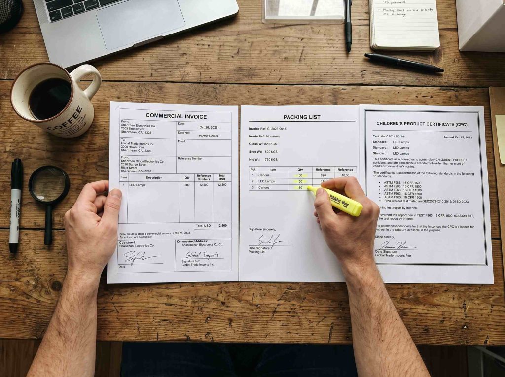 Importer matching commercial invoice, packing list, and certificates for a toy shipment