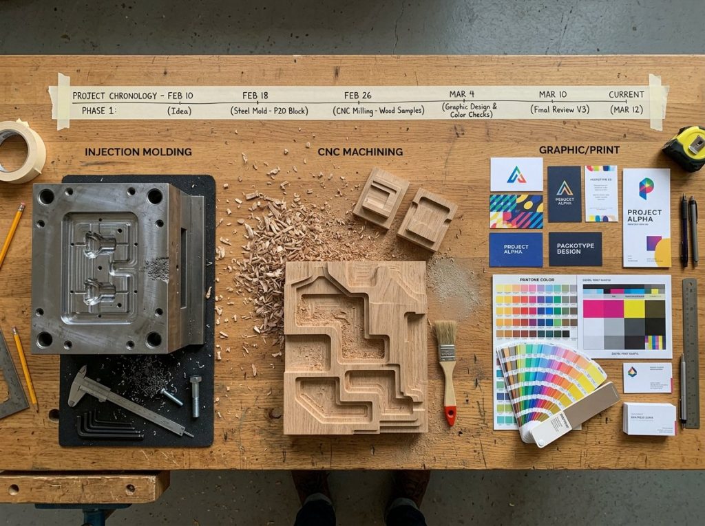 Injection mold, CNC-cut wooden parts, and printed cards showing tooling timelines by material