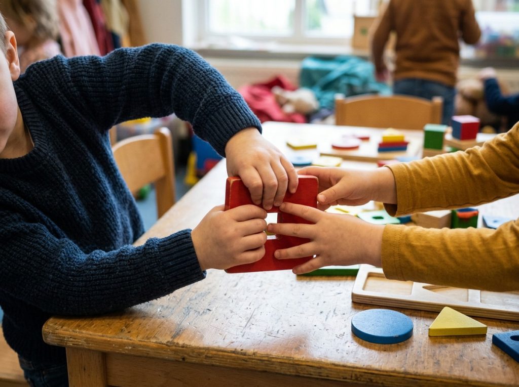 Preschooler struggling to share a wooden toy during group play, showing underdeveloped social emotional skills common in early childhood