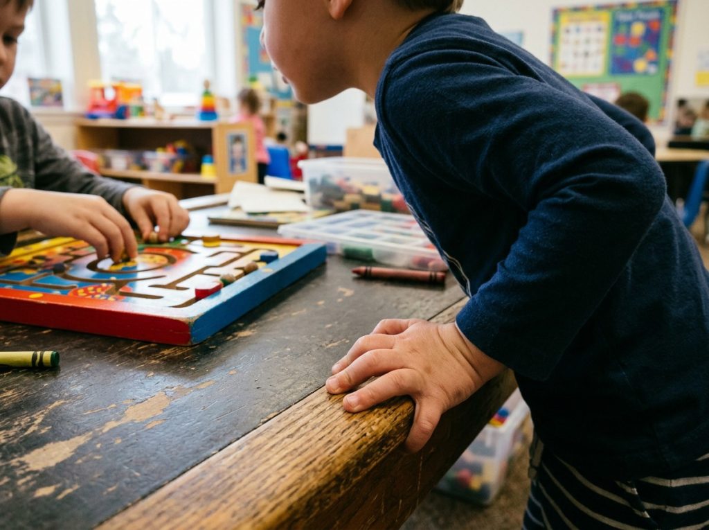 Child struggling to wait during a turn-taking activity, showing underdeveloped inhibitory control common in preschool executive function development
