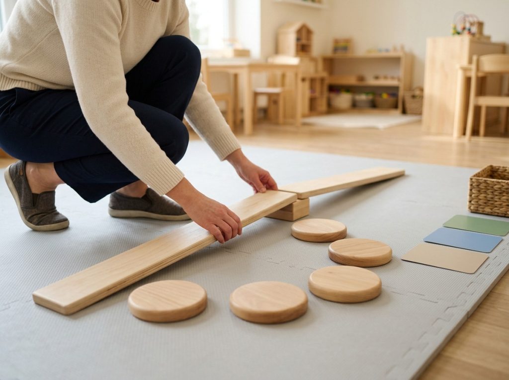 Teacher arranging wooden balance beams and stepping stones into movement stations on a classroom floor