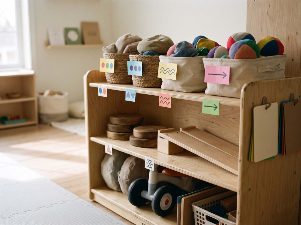 Labeled gross motor toys for preschoolers zones on a classroom shelf with rotation cards and storage tubs