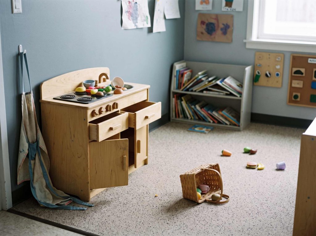 Preschool dramatic play area with scattered unused props and an empty play kitchen during free choice time