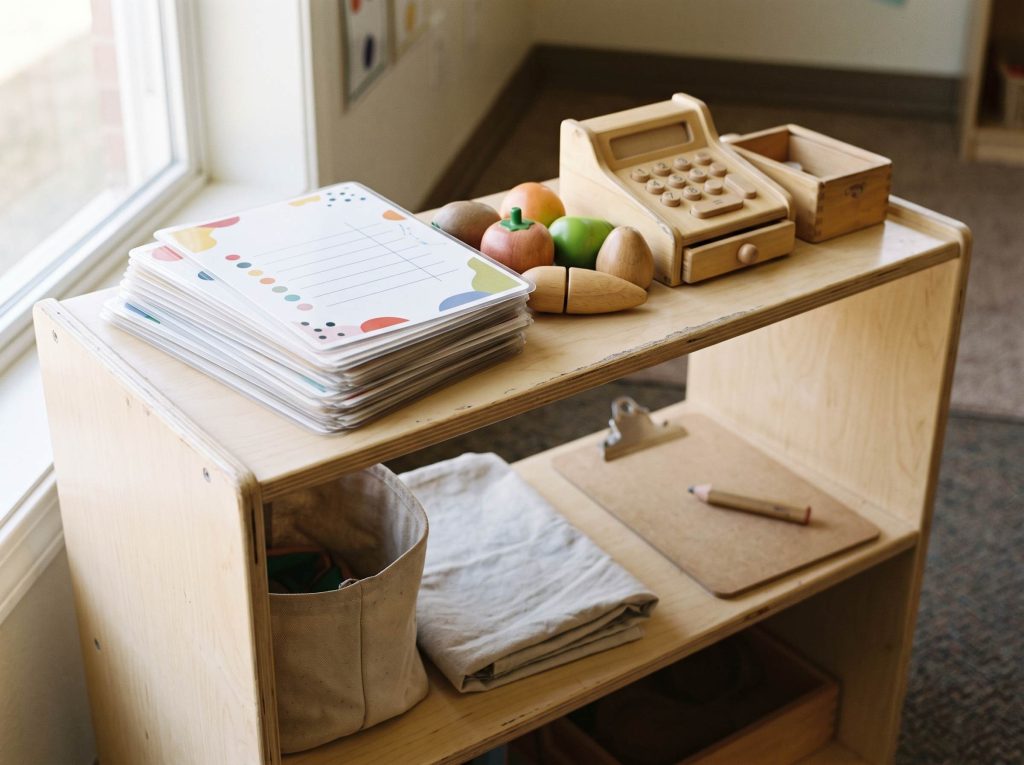 Durable wooden and printed dramatic play center props arranged on an open classroom shelf