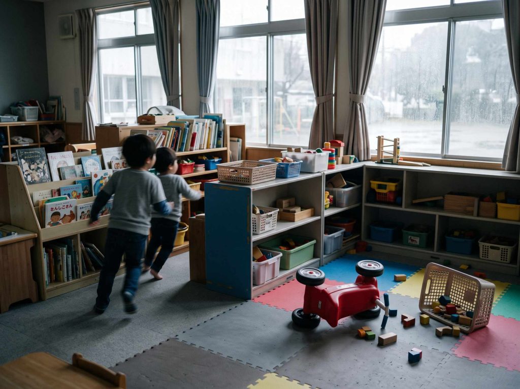 Chaotic preschool classroom corner with children running between shelves and a tipped ride-on toy