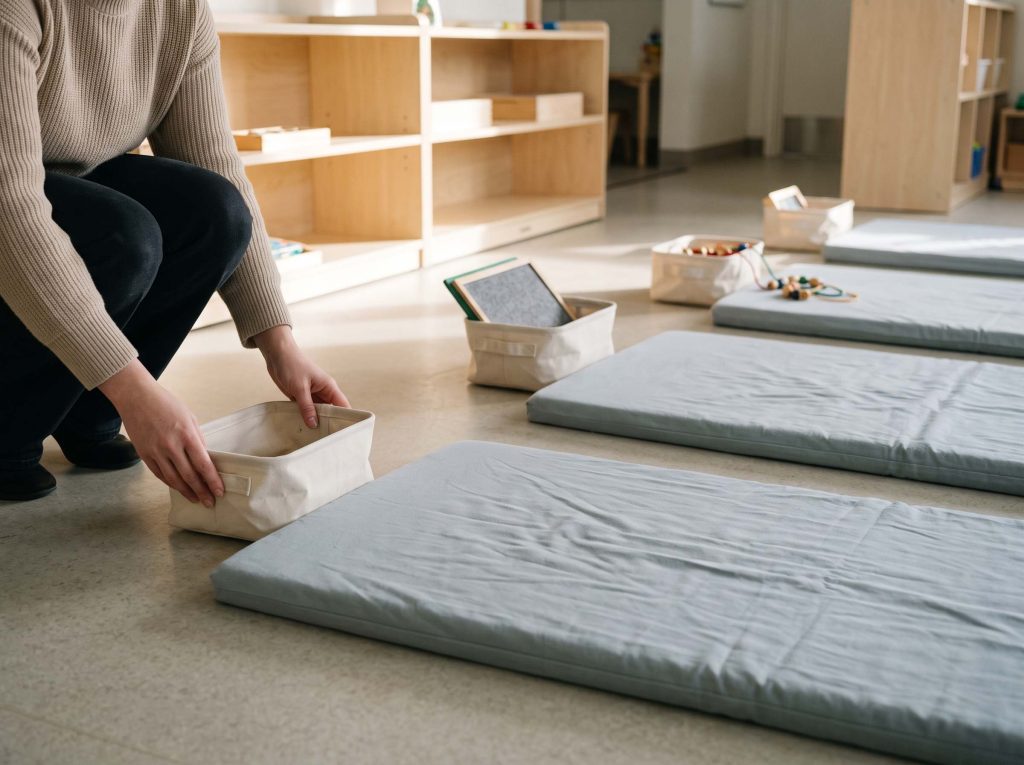 Teacher placing a small activity bin at the edge of each nap mat before a preschool quiet time block