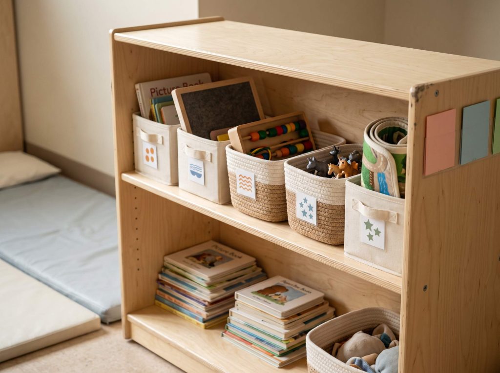 Labeled shelf of quiet time activities for preschoolers with bins, books and threading sets in a classroom